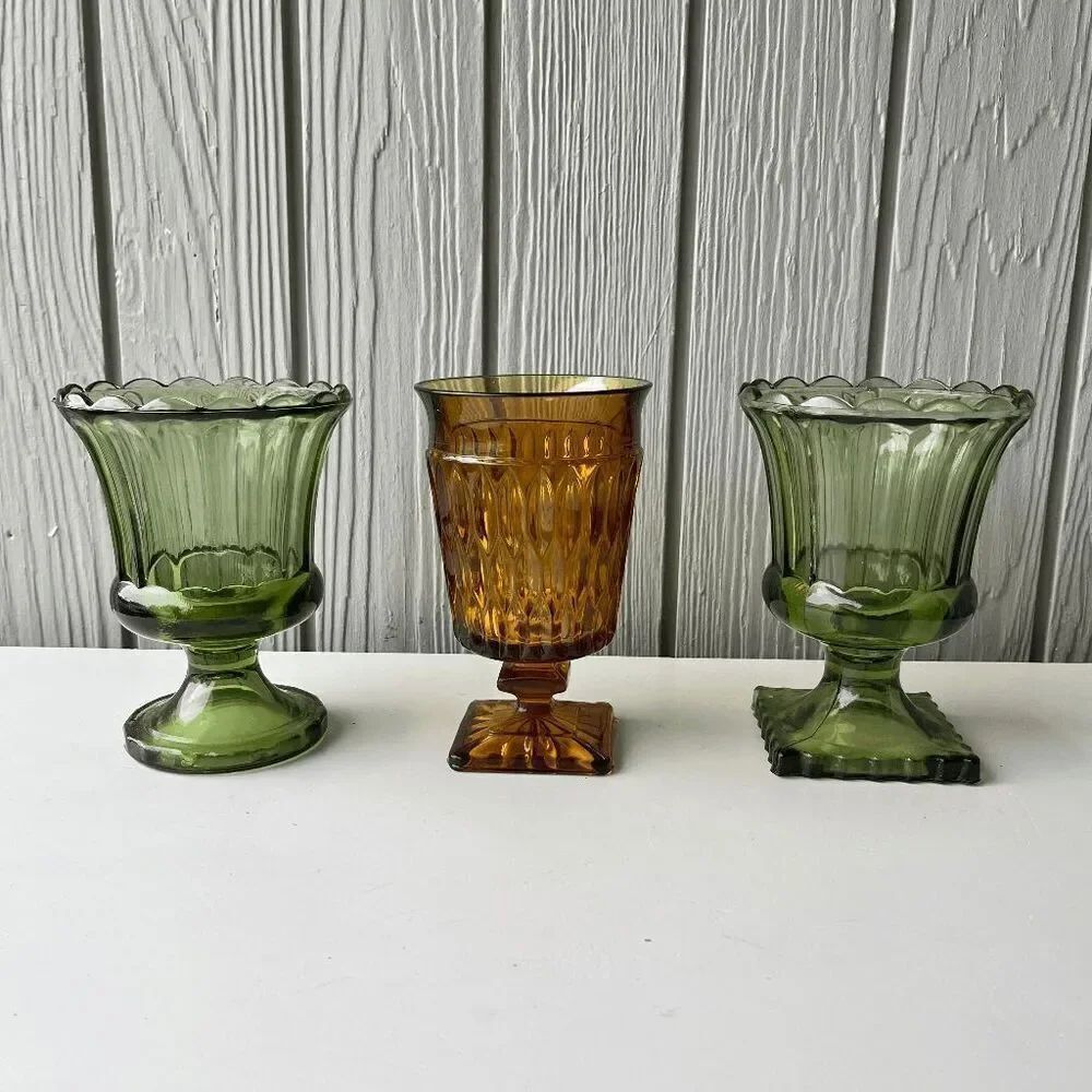 3 Piece VTG Indiana Glass Avocado Green Pedestal Vases + Amber Mount Vernon Set